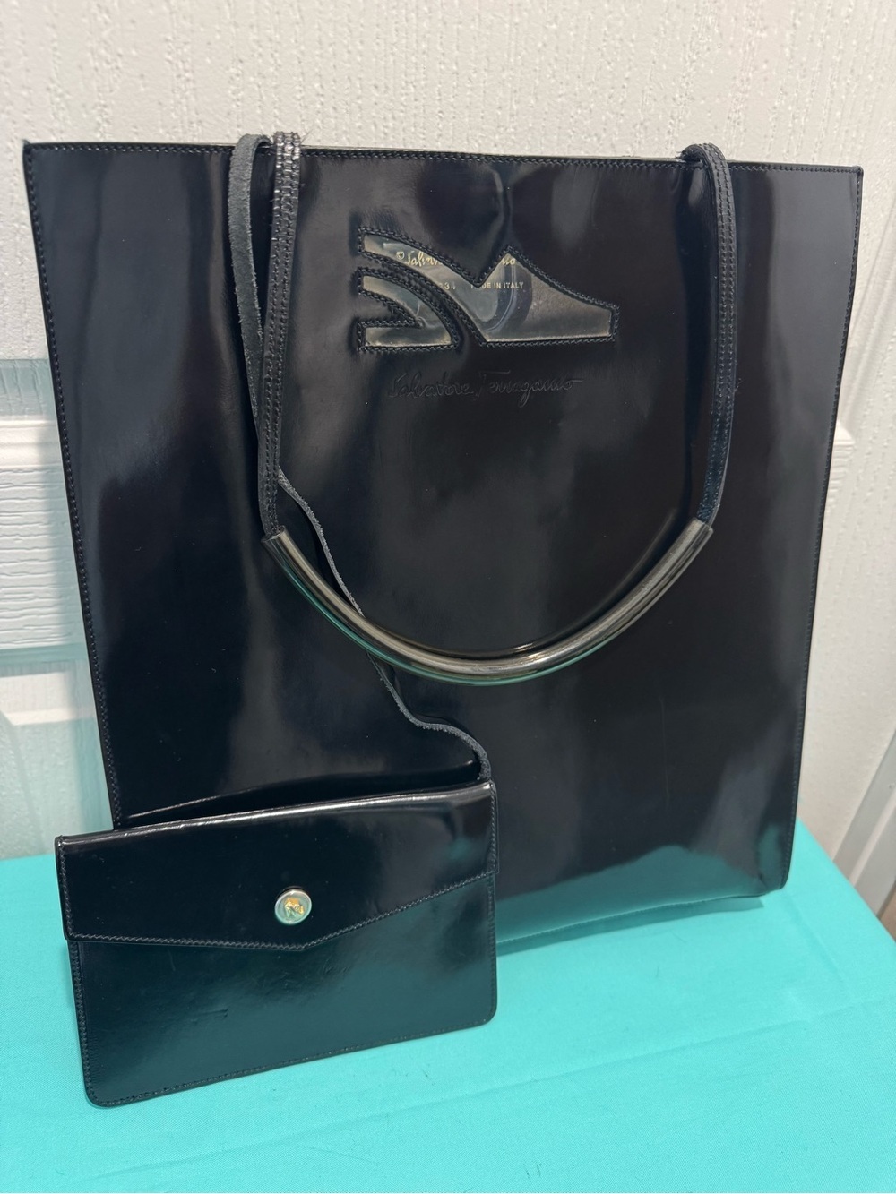 Salvatore Ferragamo Glossy Black Patent Tote with Matching Pouch